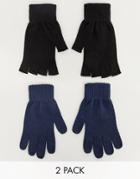Asos Design 2pack Touchscreen Glove In Navy And Fingerless Glove In Black-multi