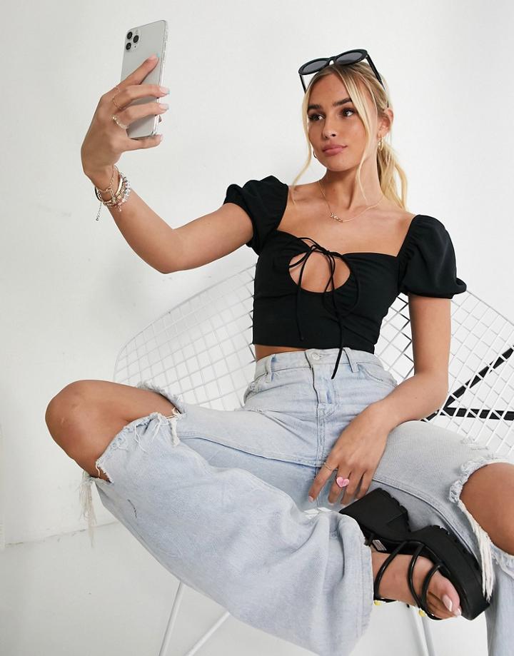 New Look Cropped Cut Out Top With Puff Sleeves In Black