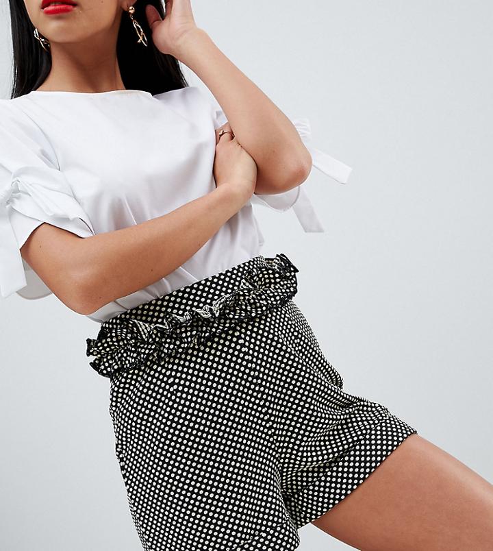 Lost Ink Petite Shorts With Ruffle Waist In Polka Dot-black