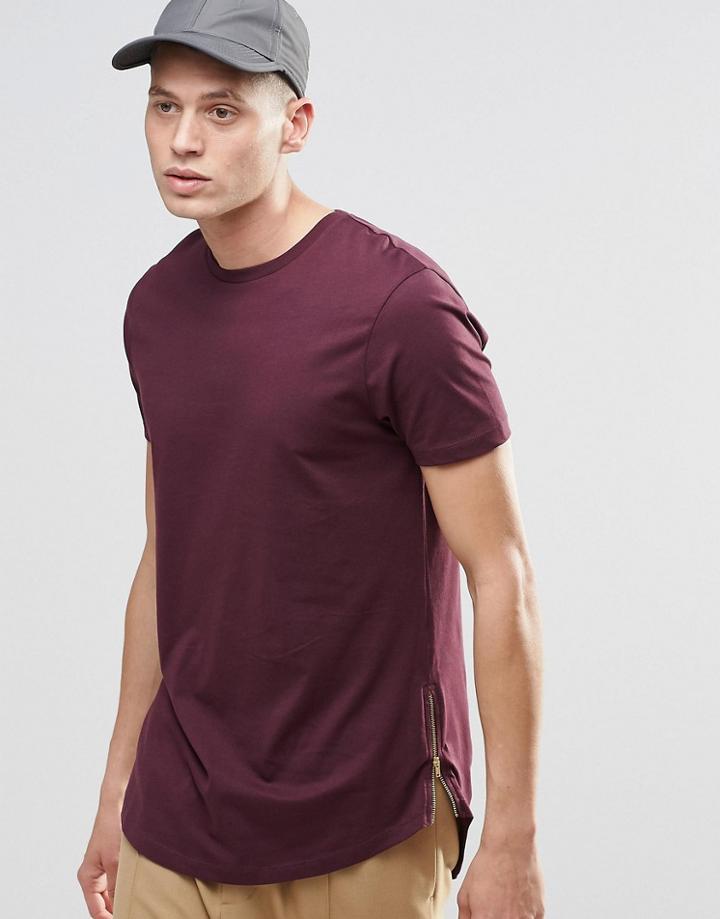 Asos Super Longline T-shirt With Curved Hem And Side Zips In Oxblood - Oxblood