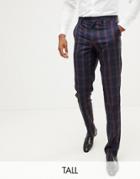 Harry Brown Tall Navy And Burgundy Check Slim Fit Suit Pants - Navy