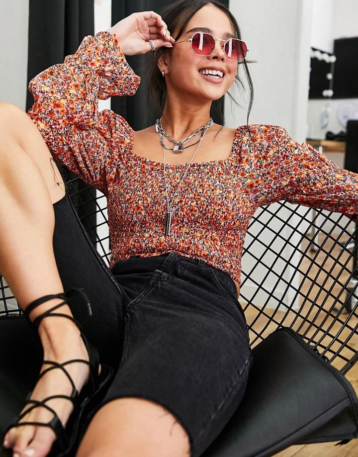 Violet Romance Shirred Crop Top Set In Ditsy Print-orange