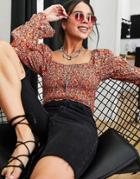 Violet Romance Shirred Crop Top Set In Ditsy Print-orange