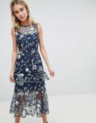 Warehouse Floral Embroidered Tiered Midi Dress - Multi