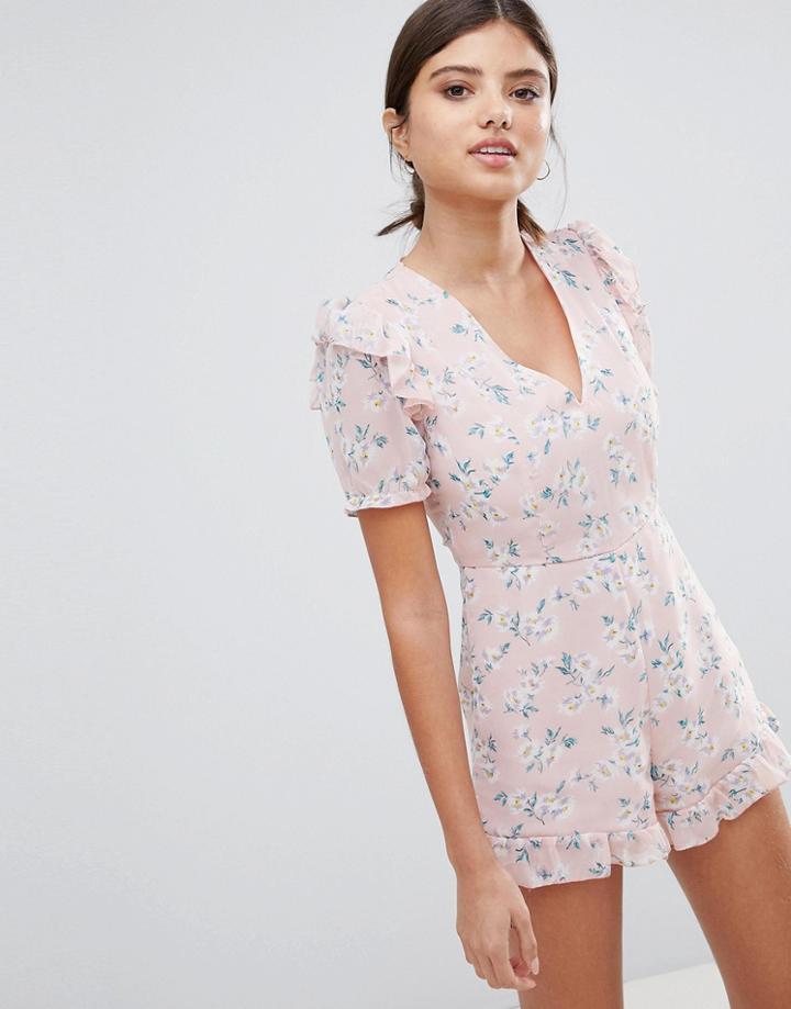 Prettylittlething Ruffle Hem Floral Romper - Pink