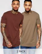 Asos 2 Pack Longline T-shirt With Crew Neck Save 12% In Brown/chestnut
