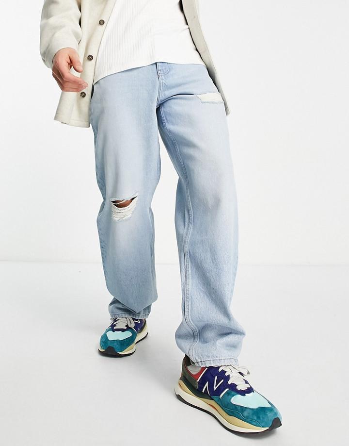 Asos Design Cone Mill Denim Baggy American Classic Jeans In Light Wash With Rips-blue
