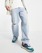 Asos Design Cone Mill Denim Baggy American Classic Jeans In Light Wash With Rips-blue