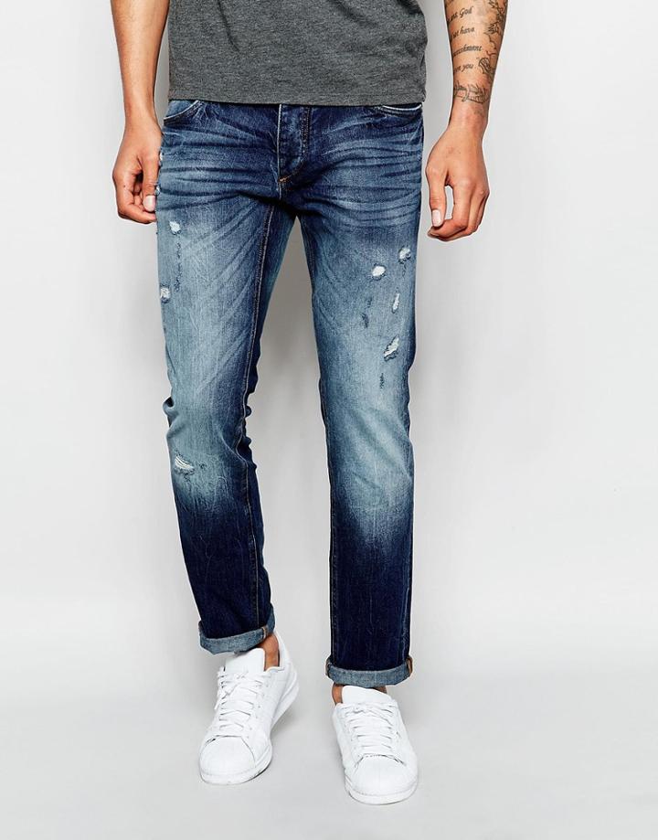 Jack & Jones Mid Wash Jeans With Rips In Slim Fit - Mid Blue
