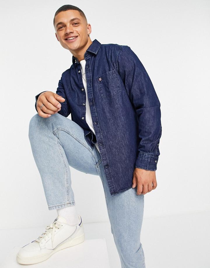 Gant Shield Logo Retro Denim Shirt Regular Fit In Mid Blue-blues