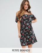 Yumi Petite Dress With Cold Shoulder In Floral Print - Black