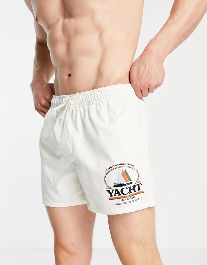 Asos Design Swim Shorts With Yacht Club Print In Short Length-white