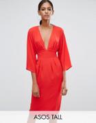 Asos Tall 70s Deep Plunge Belted Midi Dress - Red