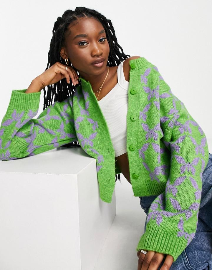Asos Design Crew Neck Cardi In Butterfly Pattern-green