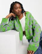 Asos Design Crew Neck Cardi In Butterfly Pattern-green