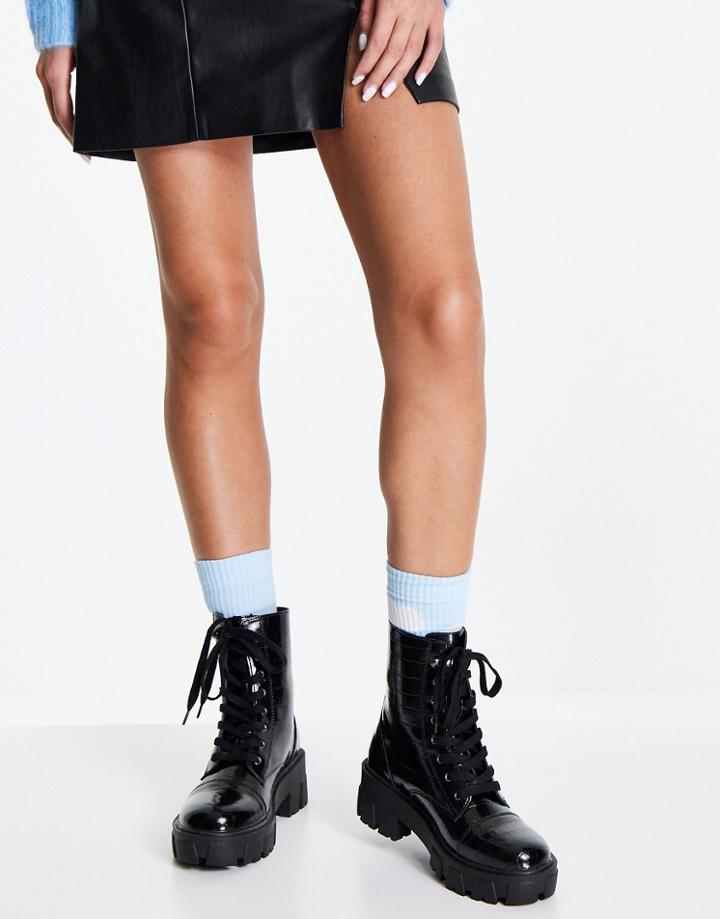 Glamorous Chunky Lace Up Boots In Black Croc