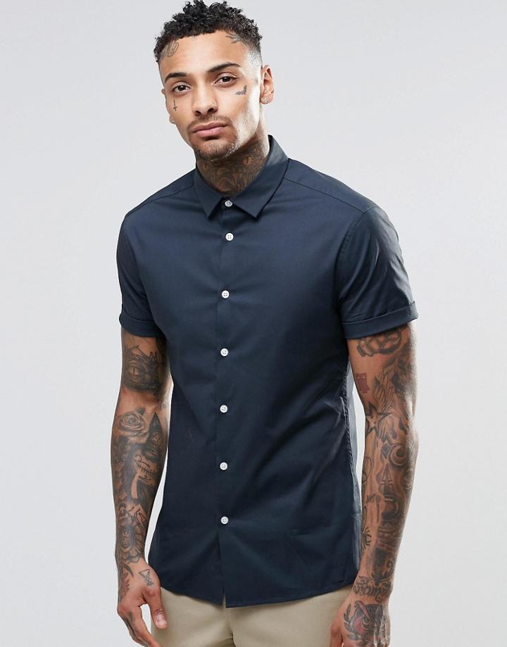 Asos Skinny Shirt In Charcoal With Short Sleeves - Gray