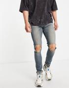 Asos Dark Future Skinny Jeans In Tinted Wash With Knee Rips-blues