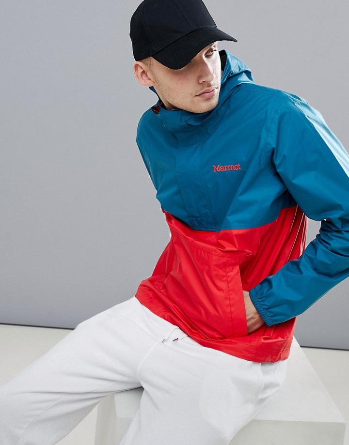 Marmot Precip Anorak Overhead Waterproof With Attached Hood In Green/red - Blue