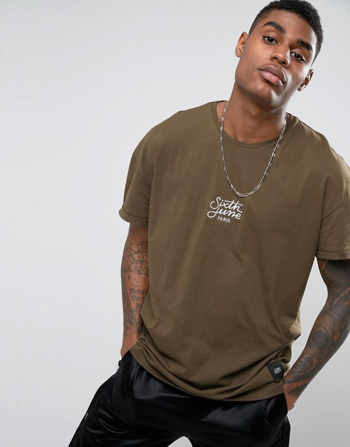 Sixth June Oversized T-shirt In Khaki With Logo - Green