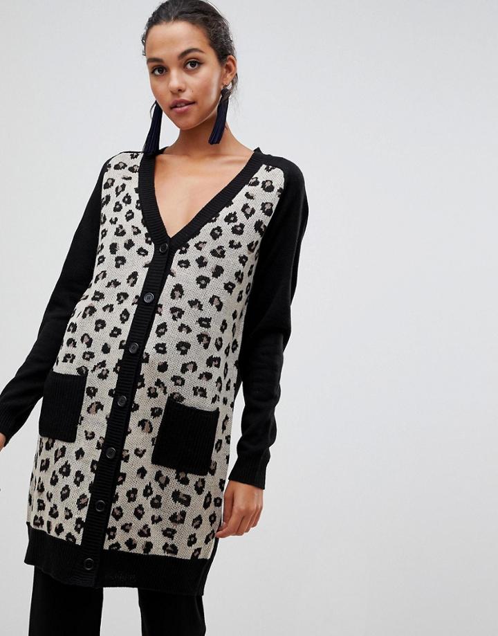 Liquorish Leopard Longline Cardigan With Pockets - Black