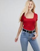 Asos T-shirt With Square Neck In Fancy Rib - Red