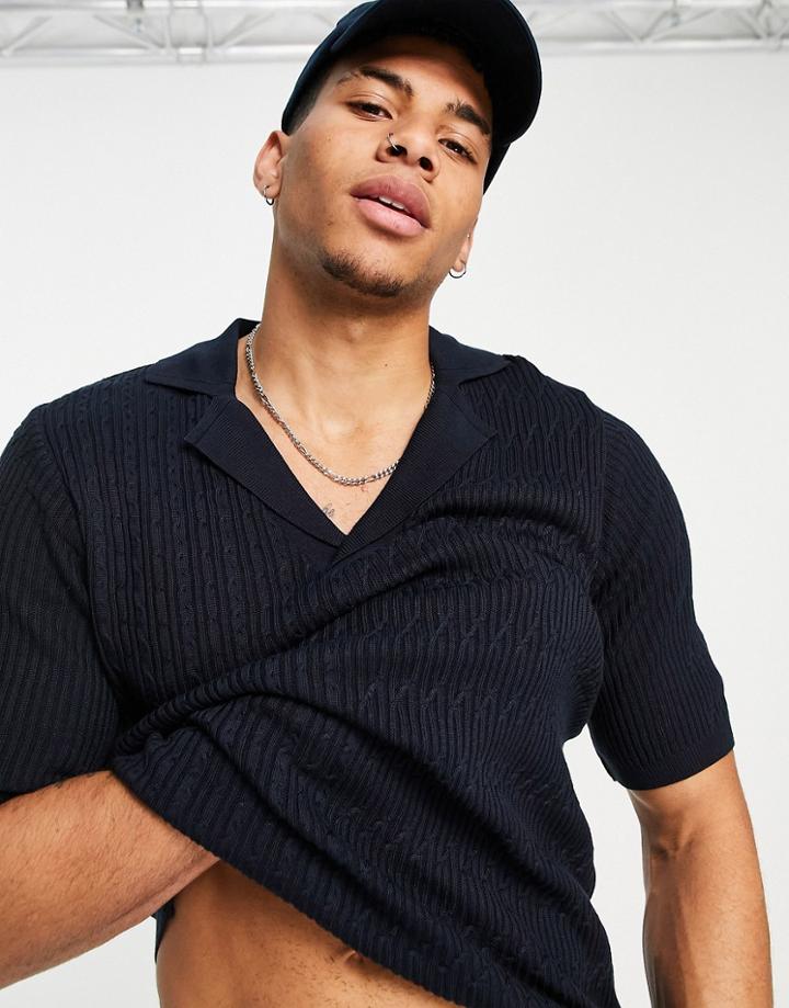 Asos Design Knitted Cable Polo T-shirt In Navy