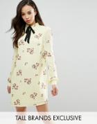 Fashion Union Tall Floral Printed Long Sleeve Shift Dress With Bow Tie Detail - Multi