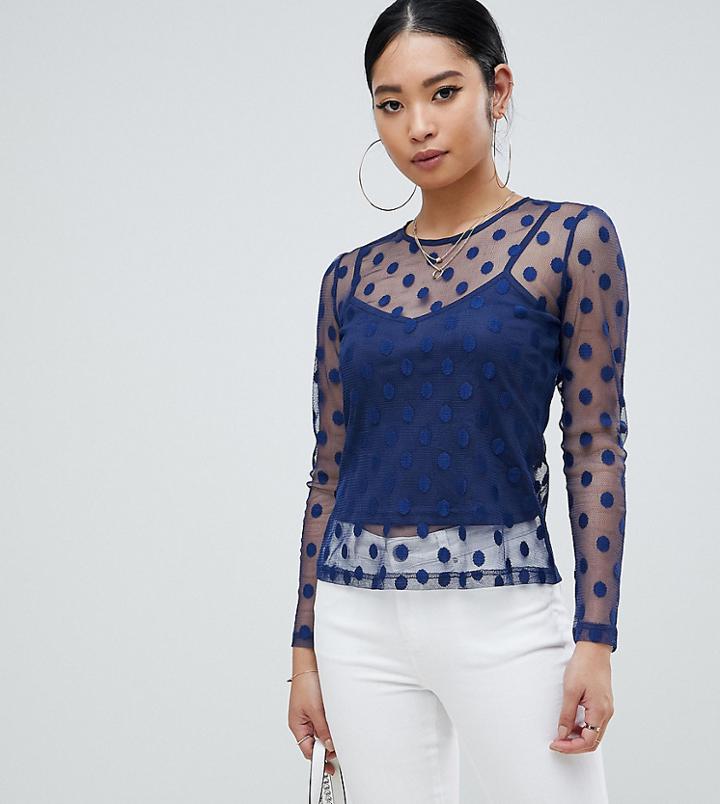 Boohoo Petite Polka Sheer Tie Back Top In Navy - Navy