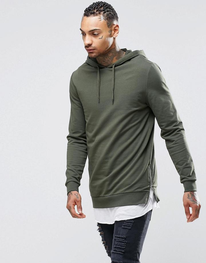 Asos Longline Muscle Hoodie With Side Zips In Khaki - Khaki