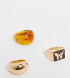 Reclaimed Vintage Inspired 3-pack Butterfly And Bubble Rings In Gold