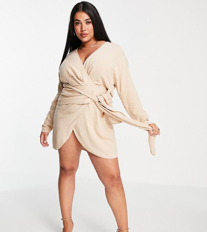 Asos Design Curve Linen Wrap Mini Dress With Tie Front Detail In Stone-neutral