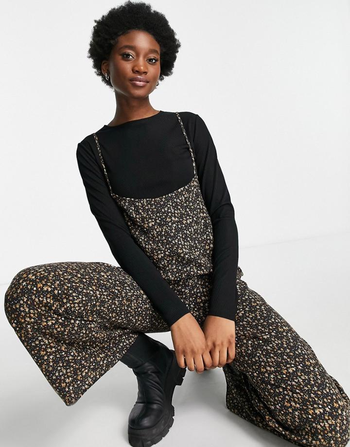 Asos Design Skinny Strap Overalls In Dark Ditsy With Long Sleeve T-shirt-multi