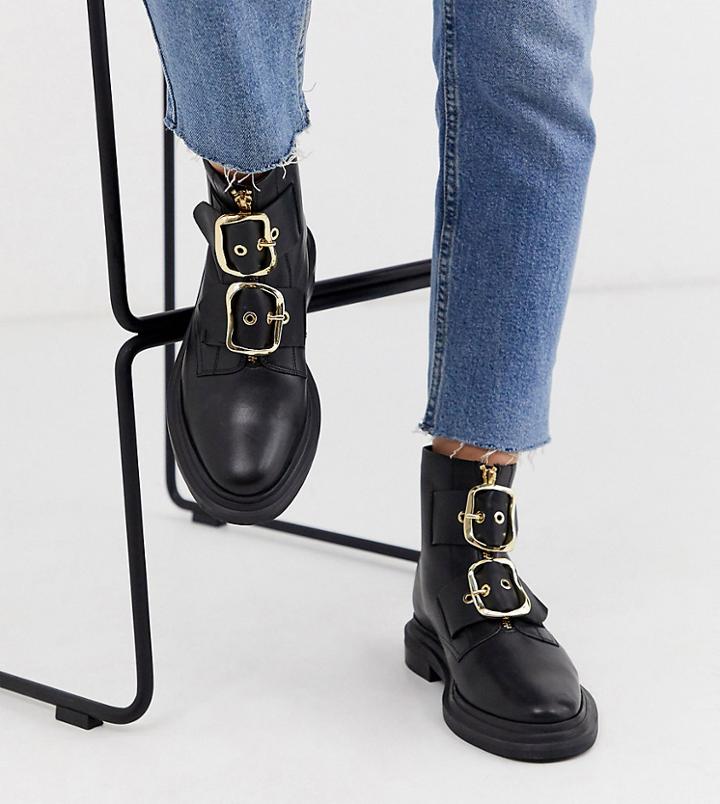 Asos Design Wide Fit Attribute Premium Leather Hardware Boots In Black
