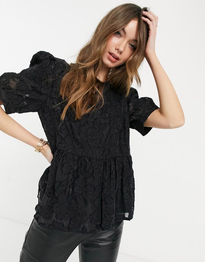Selected Sadie Burn Out Floral Peplum Top In Black