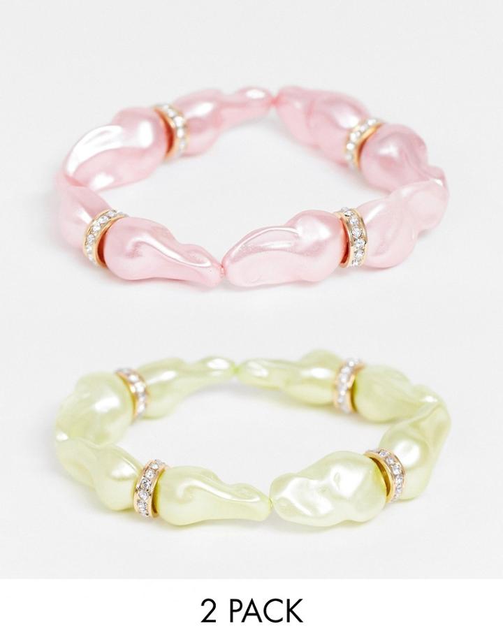 Asos Design Pack Of 2 Stretch Bracelets With Colored Pearl And Wrapped Stones-multi