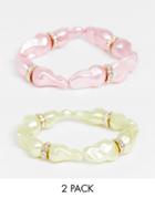 Asos Design Pack Of 2 Stretch Bracelets With Colored Pearl And Wrapped Stones-multi
