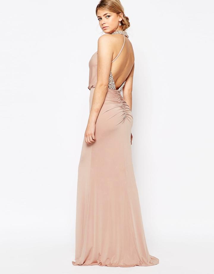 Forever Unique Embellished High Neck Dress With Open Back - Nude