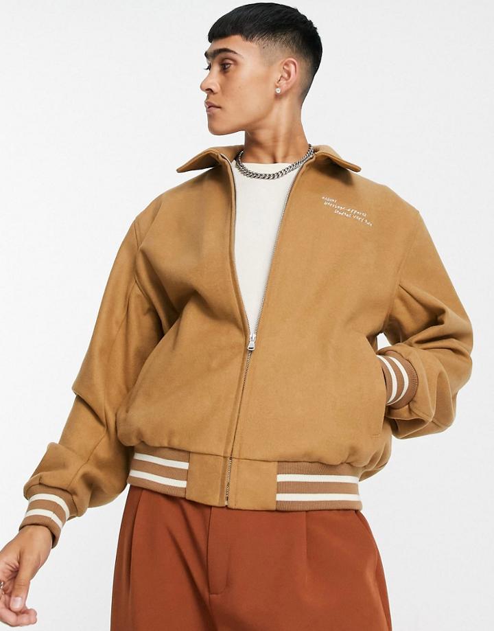 Asos Design Oversized Wool Mix Varsity Bomber Jacket In Tan-brown