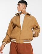Asos Design Oversized Wool Mix Varsity Bomber Jacket In Tan-brown