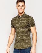 Asos Skinny Shirt With Polka Print In Khaki With Short Sleeves