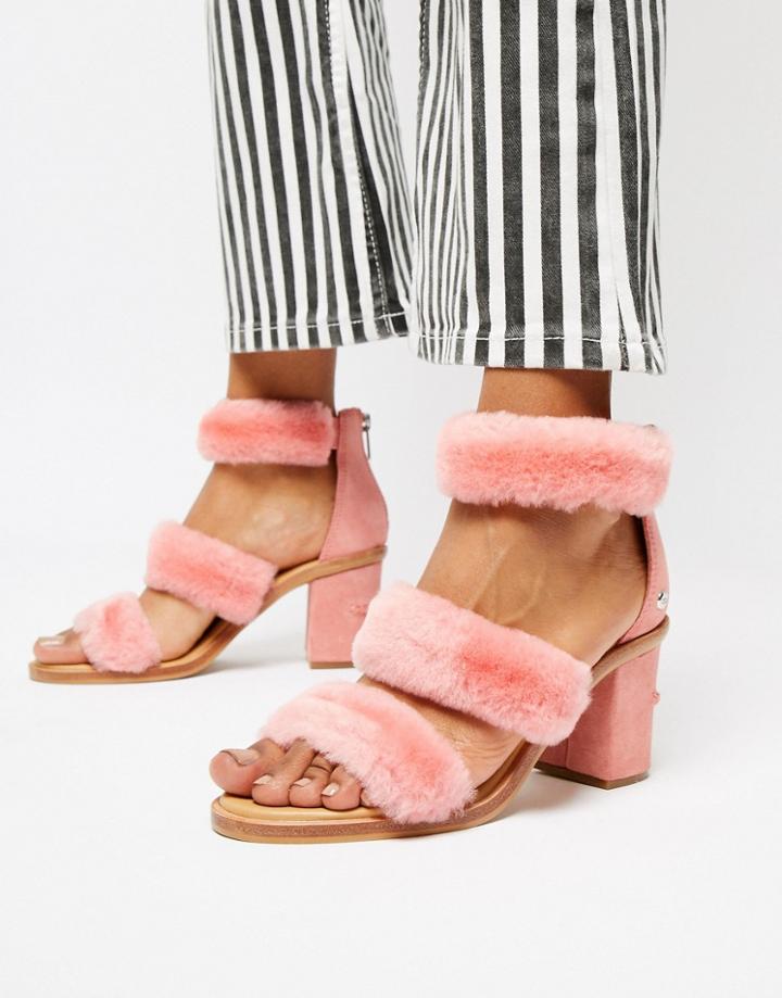Ugg Excluisve Del Rey Pink Triple Strap Fluffy Heeled Sandals - Pink