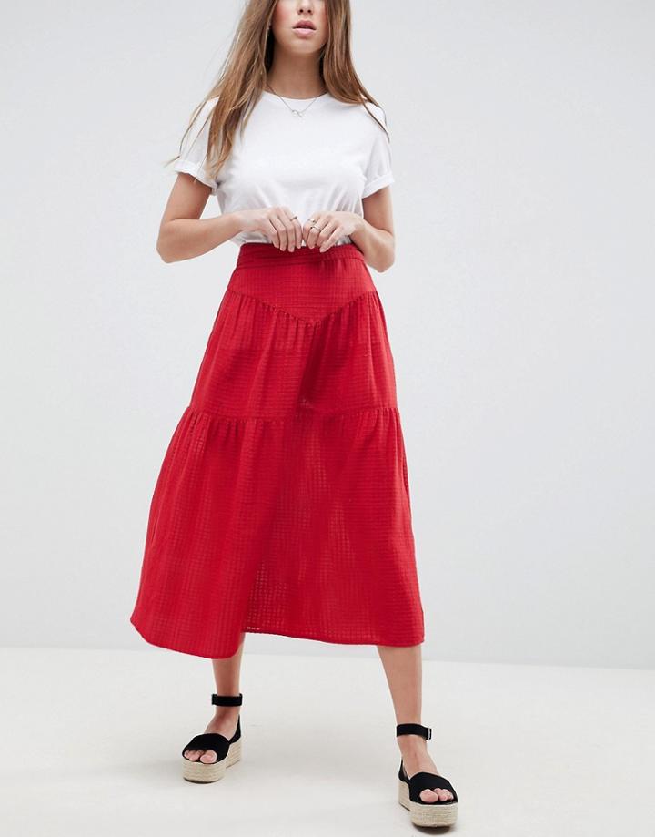 Asos Design Midi Skirt With Tie Belt In Grid Texture-red