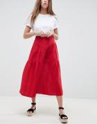 Asos Design Midi Skirt With Tie Belt In Grid Texture-red