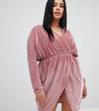 Missguided Plus Ribbed Velvet Wrap Mini Dress In Pink - Pink