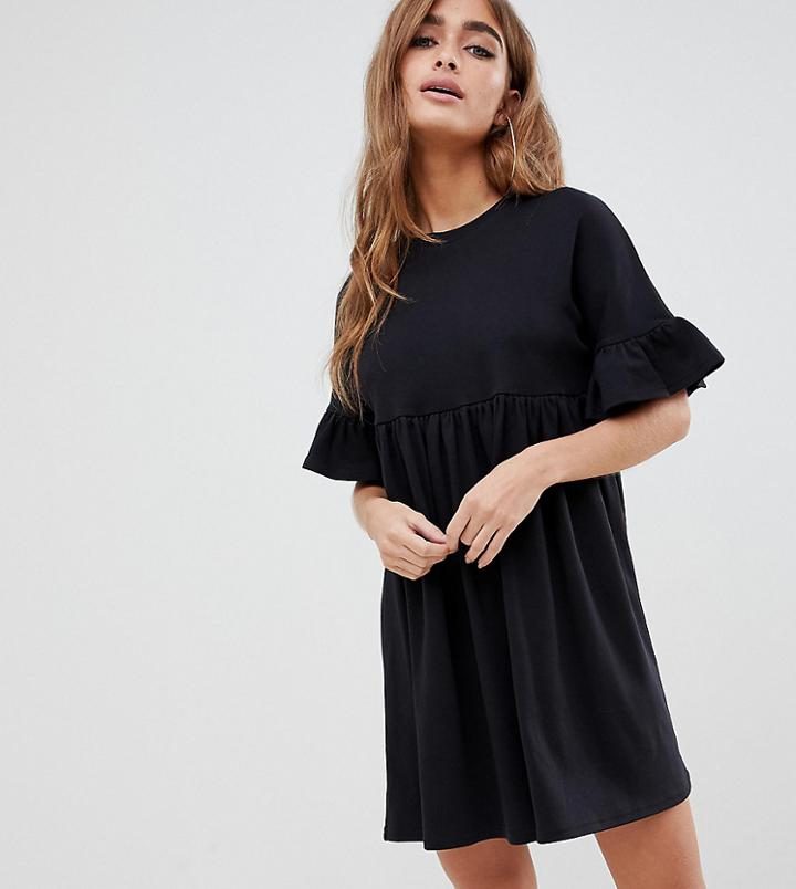Asos Design Petite Sweat Smock Dress With Frill Sleeve-black