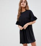 Asos Design Petite Sweat Smock Dress With Frill Sleeve-black