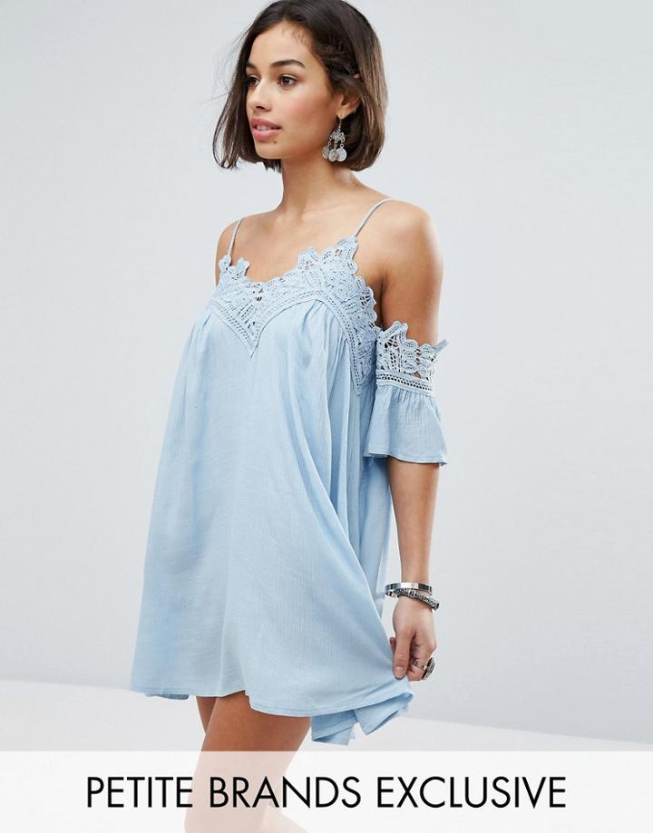 Sisters Of The Tribe Petite Cold Shoulder Cami Strap Swing Dress With Crochet Trim - Blue