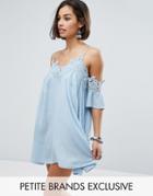 Sisters Of The Tribe Petite Cold Shoulder Cami Strap Swing Dress With Crochet Trim - Blue