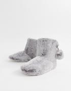 New Look Fluffy Pom Boot Slippers - Gray